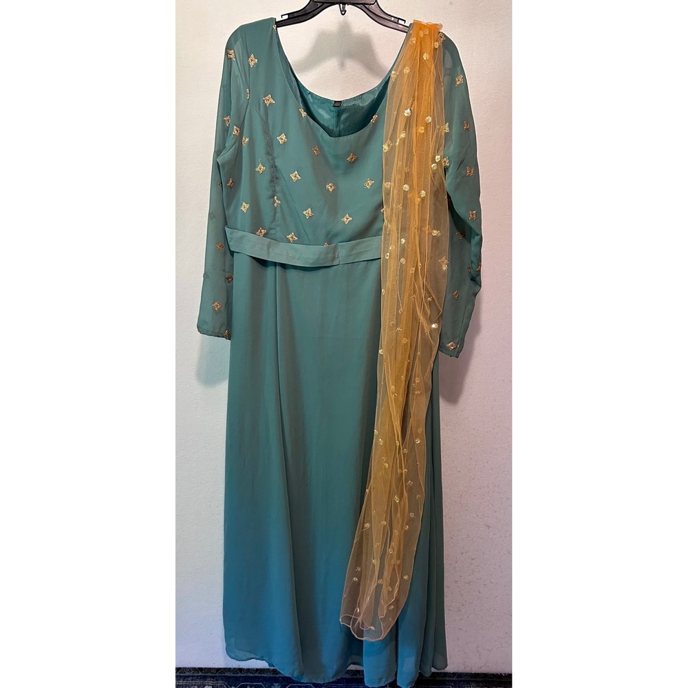 Panit Teal Green Anarkali Maxi Dress Gold Sequin Embroidery with Orange Dupatta